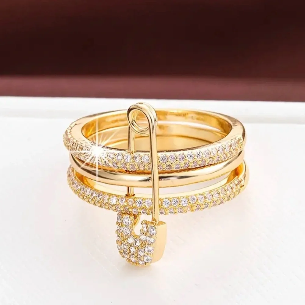 Multi-layer gold tone safety pin ring with cubic zirconia - Picture 3 of 9